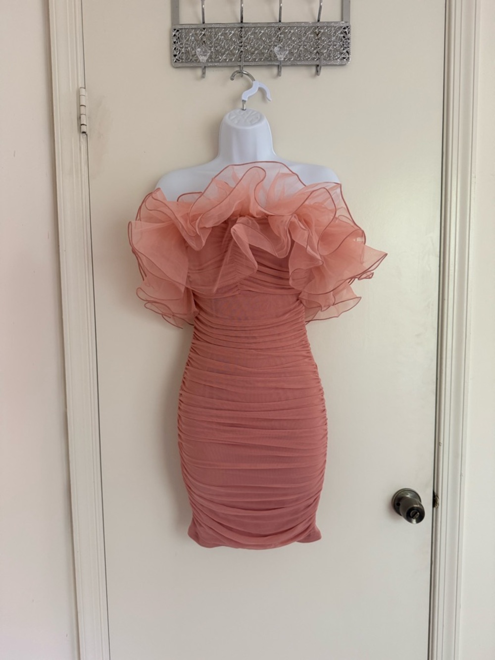 Fashion Nova Strapless Ruffle Bodycon Dress in Blush